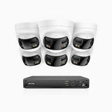 FDH800 - Kit de 6 cámaras de vigilancia PoE de 4K con videograbador NVR de 8 canales, panorámica doble lente, visión nocturna inteligente con doble luz, audio bidireccional, sirena y alarma activas, detección de personas y vehículos, IP67