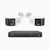 FDH800 - Kit de 2 cámaras de vigilancia PoE de 4K con videograbador NVR de 8 canales, panorámica doble lente, visión nocturna inteligente con doble luz, audio bidireccional, sirena y alarma activas, detección de personas y vehículos, IP67