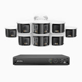 FDH800 - Kit de 8 cámaras de vigilancia PoE de 4K con videograbador NVR de 8 canales, panorámica doble lente, visión nocturna inteligente con doble luz, audio bidireccional, sirena y alarma activas, detección de personas y vehículos, IP67