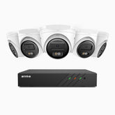H500 - Kit de 5 cámaras de vigilancia PoE de 3K con videograbador NVR de 8 canales, Visión nocturna inteligente de doble luz, 3072 × 1728 a 20 fps, detección inteligente de personas y vehículos, micrófono integrado, IP67