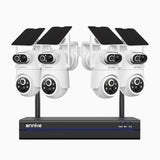 WBS400P - Kit de 4 cámaras de vigilancia inalámbrico de 4MP con videograbador NVR de 8 canales, Doble Lente, 100% sin Cables, Batería de 9000mAh y Alimentación Solar, Giro de 350° e Inclinación de 90°, Detección Humana PIR, Audio Bidireccional