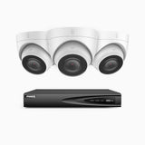 H500 - Kit de 3 cámaras de vigilancia PoE de 3K con videograbador NVR de 4 canales, EXIR Visión Nocturna, micrófono integrado, compatibile con Alexa