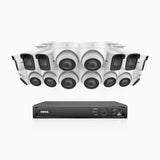 H800 - Kit de vigilancia PoE 4K con 6 cámaras bullet y 10 cámaras domo y videograbador NVR de 16 canales, Visión nocturna a color e infrarrojos, detección de humanos y vehículos, micrófono integrado, ángulo de visión 96º