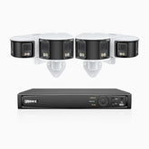 FDH600 - Kit de 4 cámaras de vigilancia PoE de 6MP con videograbador NVR de 8 canales, panorámica doble lente, súper apertura de f/1,2, visión nocturna en color, detección de humanos y vehículos, micrófono incorporado