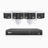 FDH600 - Kit de 4 cámaras de vigilancia PoE de 6MP con videograbador NVR de 8 canales, panorámica doble lente, súper apertura de f/1,2, visión nocturna en color, detección de humanos y vehículos, micrófono incorporado