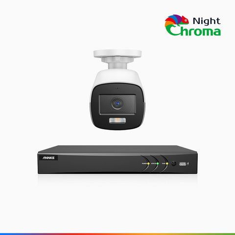 NightChroma<sup>TM</sup> NAK500 - Kit de 1 cámara de vigilancia TVI 3K con grabador de 8 canales, Acme Visión Nocturna a Color, Resolución de 2960 × 1665, Apertura f/1.0 (0.001 Lux), Micrófono Incorporado, IP67, Versión Actualizada