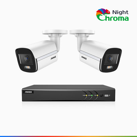 NightChroma<sup>TM</sup> NAK500 - Kit de 2 cámara de vigilancia TVI 3K con grabador de 8 canales, Acme Visión Nocturna a Color, Resolución de 2960 × 1665, Apertura f/1.0 (0.001 Lux), Micrófono Incorporado, IP67, Versión Actualizada
