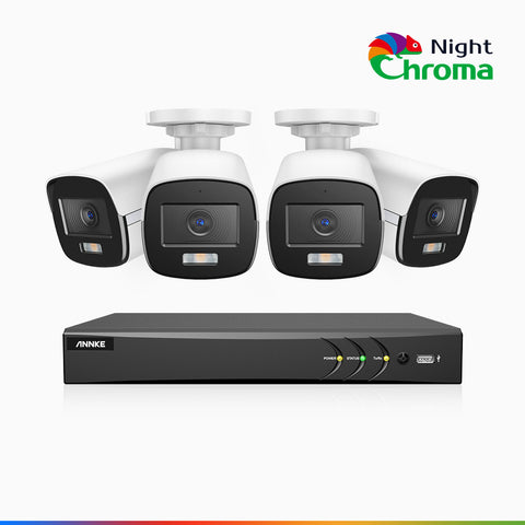 NightChroma<sup>TM</sup> NAK500 - Kit de 4 cámara de vigilancia TVI 3K con grabador de 8 canales, Acme Visión Nocturna a Color, Resolución de 2960 × 1665, Apertura f/1.0 (0.001 Lux), Micrófono Incorporado, IP67, Versión Actualizada