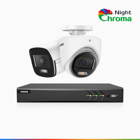 NightChroma<sup>TM</sup> NAK500 - 3K surveillance kit with 1 bullet cameras and 1 dome cameras and 8-channel recorder, Acme Visión Nocturna a Color, Resolución de 2960 × 1665, Apertura f/1.0 (0.001 Lux), Micrófono Incorporado, IP67, Versión Actualizada