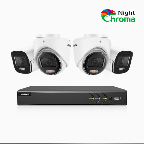 NightChroma<sup>TM</sup> NAK500 - 3K surveillance kit with 2 bullet cameras and 2 dome cameras and 8-channel recorder, Acme Visión Nocturna a Color, Resolución de 2960 × 1665, Apertura f/1.0 (0.001 Lux), Micrófono Incorporado, IP67, Versión Actualizada