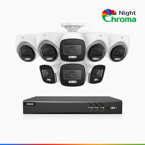 NightChroma<sup>TM</sup> NAK500 - 3K surveillance kit with 4 bullet cameras and 4 dome cameras and 8-channel recorder, Acme Visión Nocturna a Color, Resolución de 2960 × 1665, Apertura f/1.0 (0.001 Lux), Micrófono Incorporado, IP67, Versión Actualizada