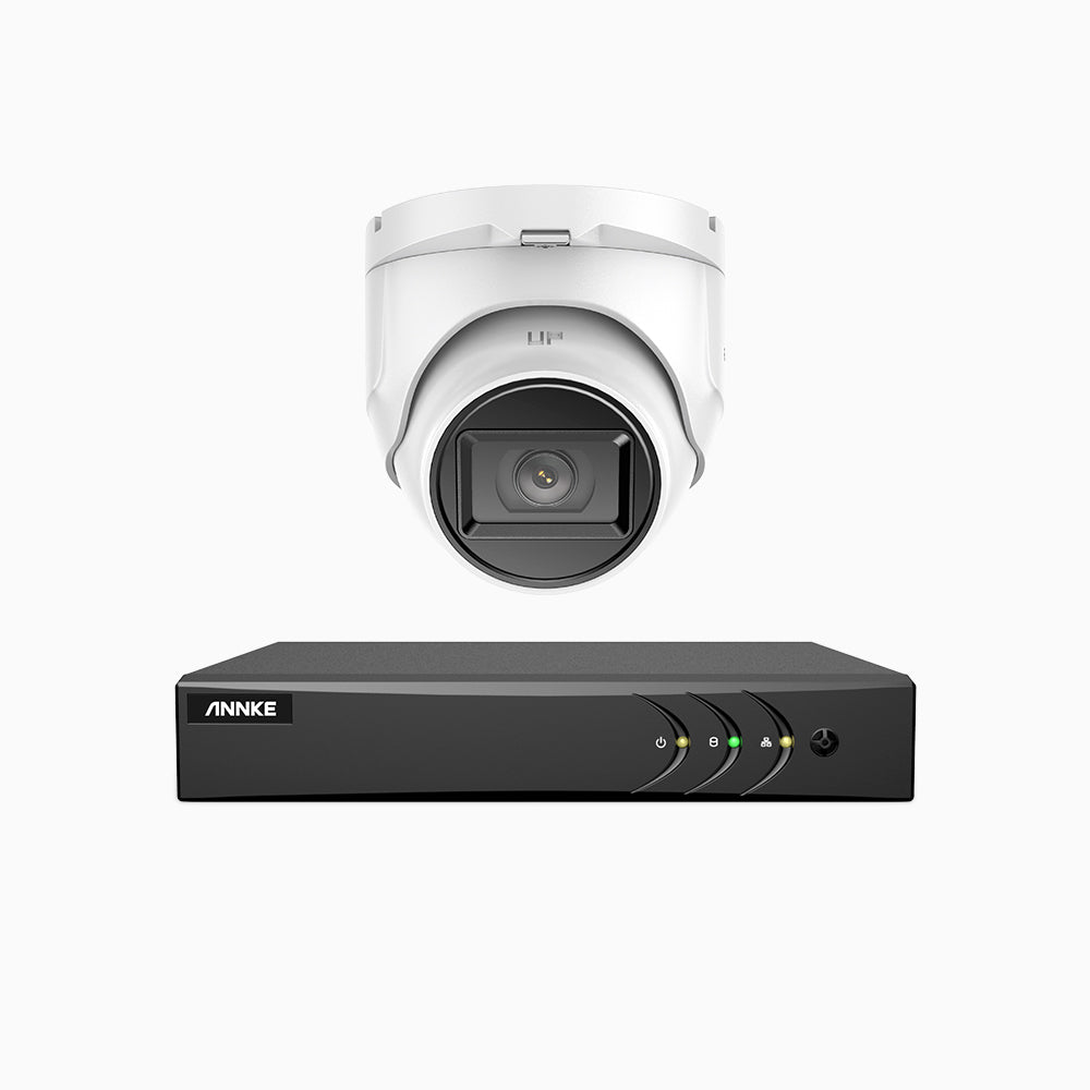 EL200 - Kit de 1 cámaras de vigilancia 1080p con grabador de 4 canales, DVR inteligente con detección de humanos y vehículos, visión nocturna por infrarrojos de 20 metros, señal de salida 4-en-1, IP67