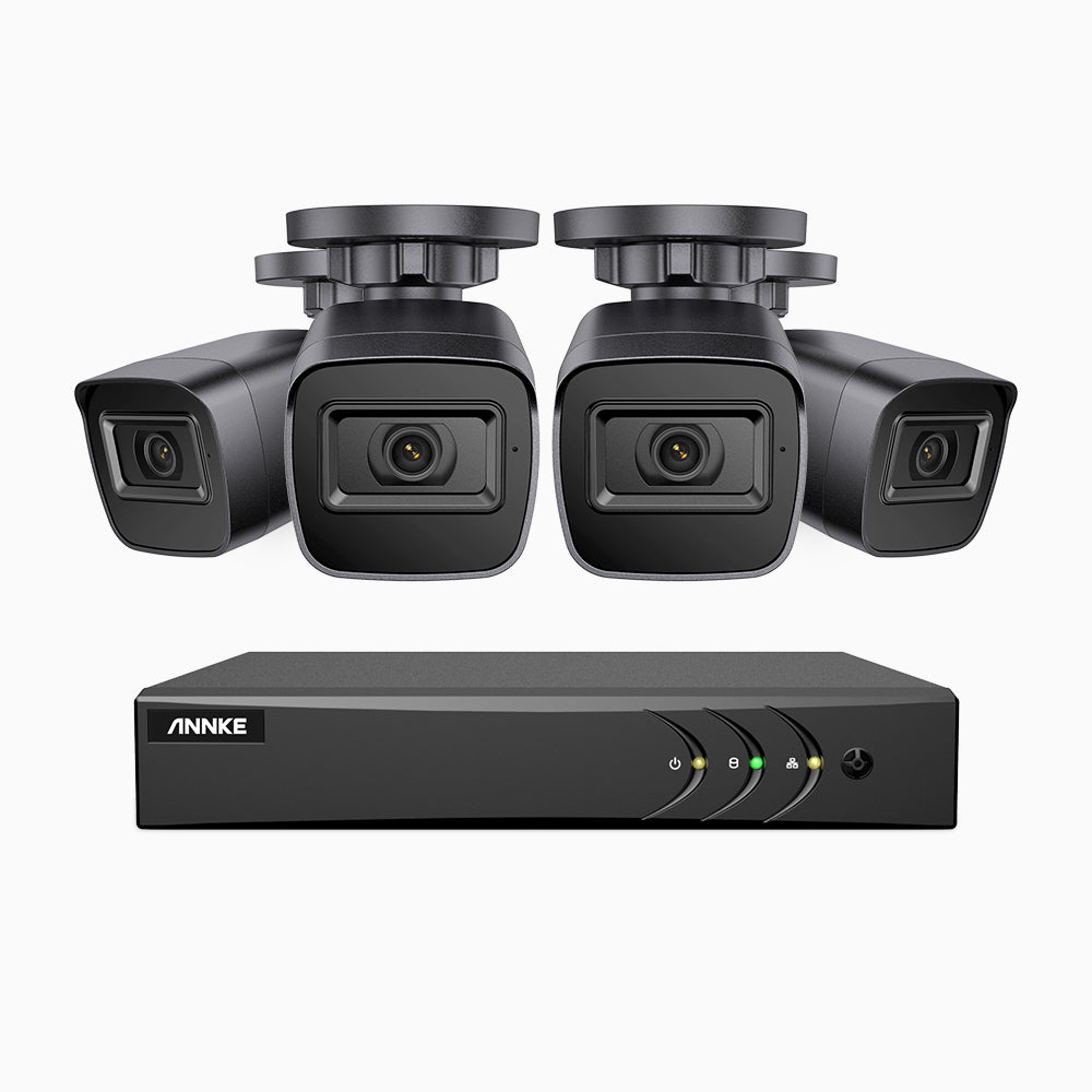 EL200 - Kit de 4 cámaras de vigilancia 1080p con grabador de 4 canales, DVR inteligente con detección de humanos y vehículos, visión nocturna por infrarrojos de 20 metros, señal de salida 4-en-1, IP67