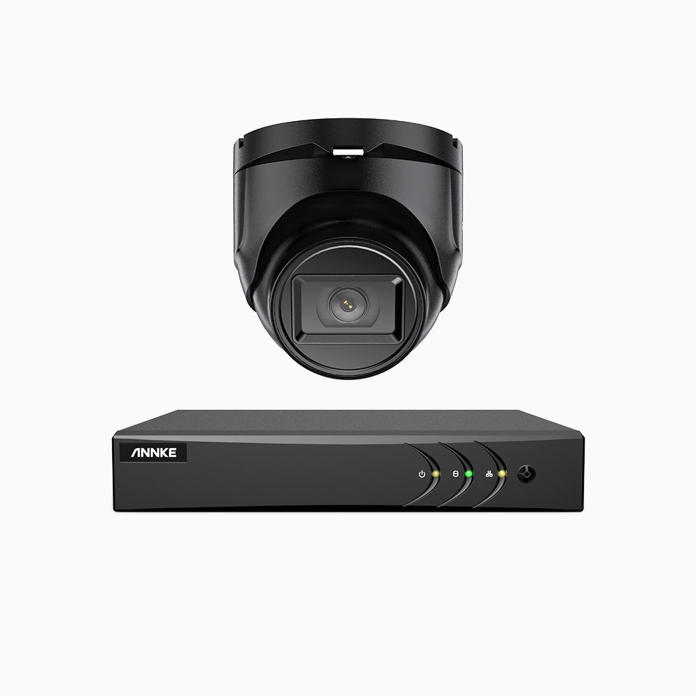 EL200 - Kit de 1 cámaras de vigilancia 1080p con grabador de 4 canales, DVR inteligente con detección de humanos y vehículos, visión nocturna por infrarrojos de 20 metros, señal de salida 4-en-1, IP67