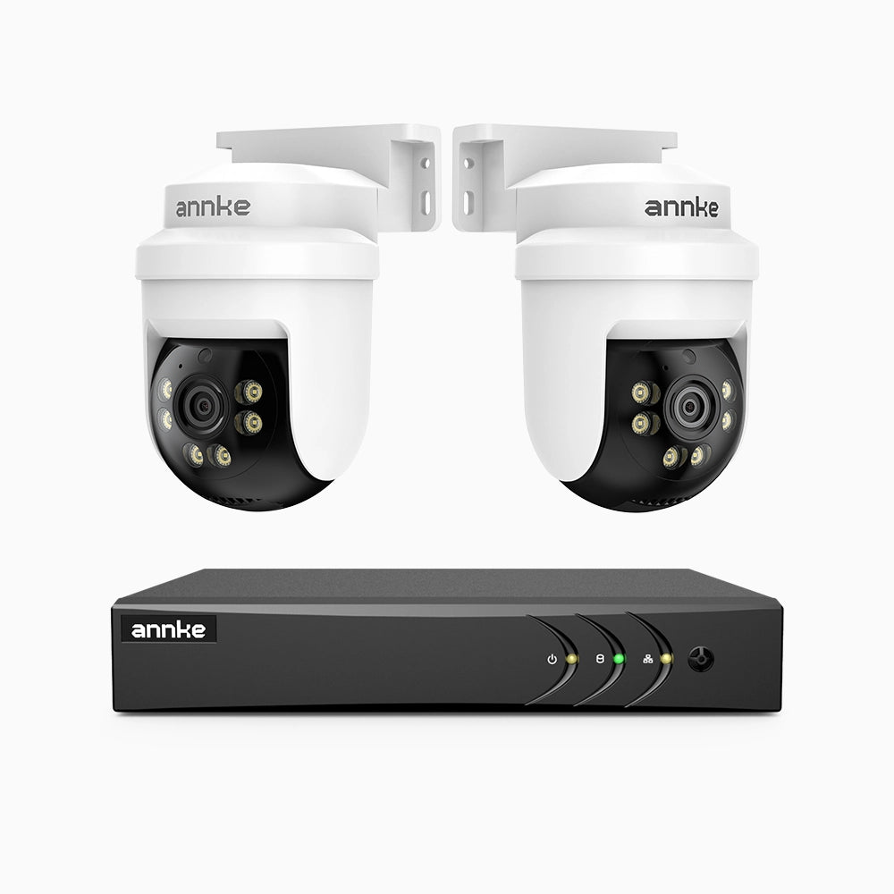 APTK500 - Kit de 2 cámaras de vigilancia 5MP con grabador de 4 canales, Giro de 350° e Inclinación de 90°, Visión Nocturna por Infrarrojos de 30 m, Resistente a la Intemperie IP65