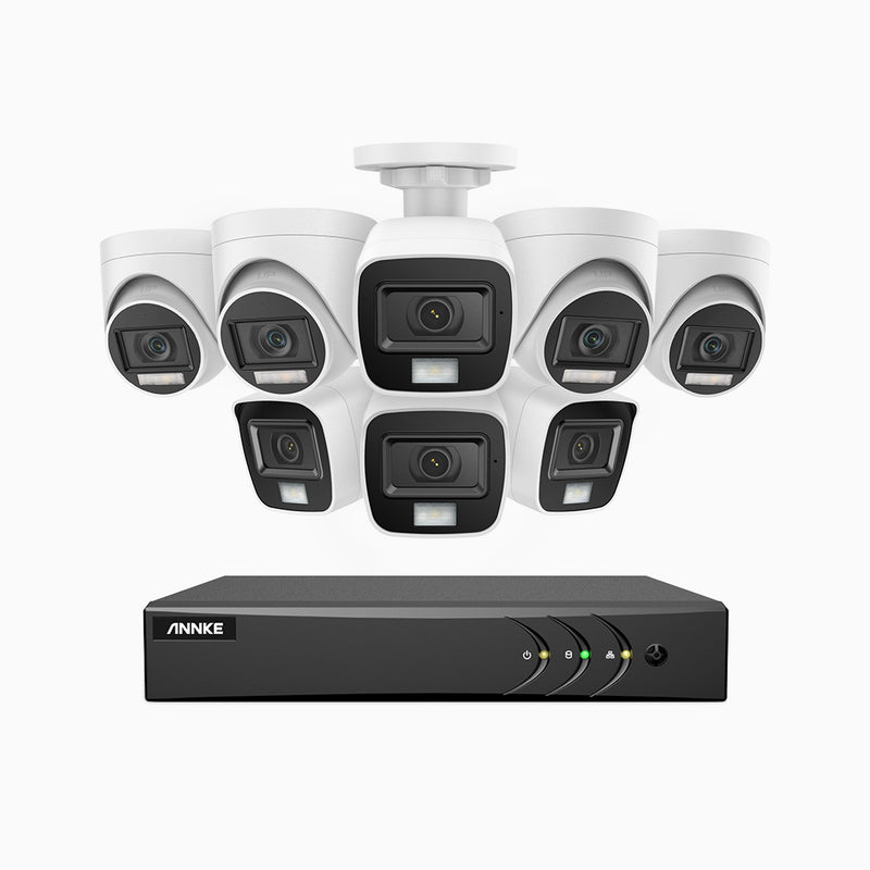 ADLK500 - Kit de vigilancia 3K con 4 cámaras bullet y 4 cámaras domo y grabador de 16 canales, Doble Luz Visión Nocturna, Apertura Superficial f/1.2, Señal de Salida 4 en 1, Micrófono Incorporado, IP67 Resistente al Clima