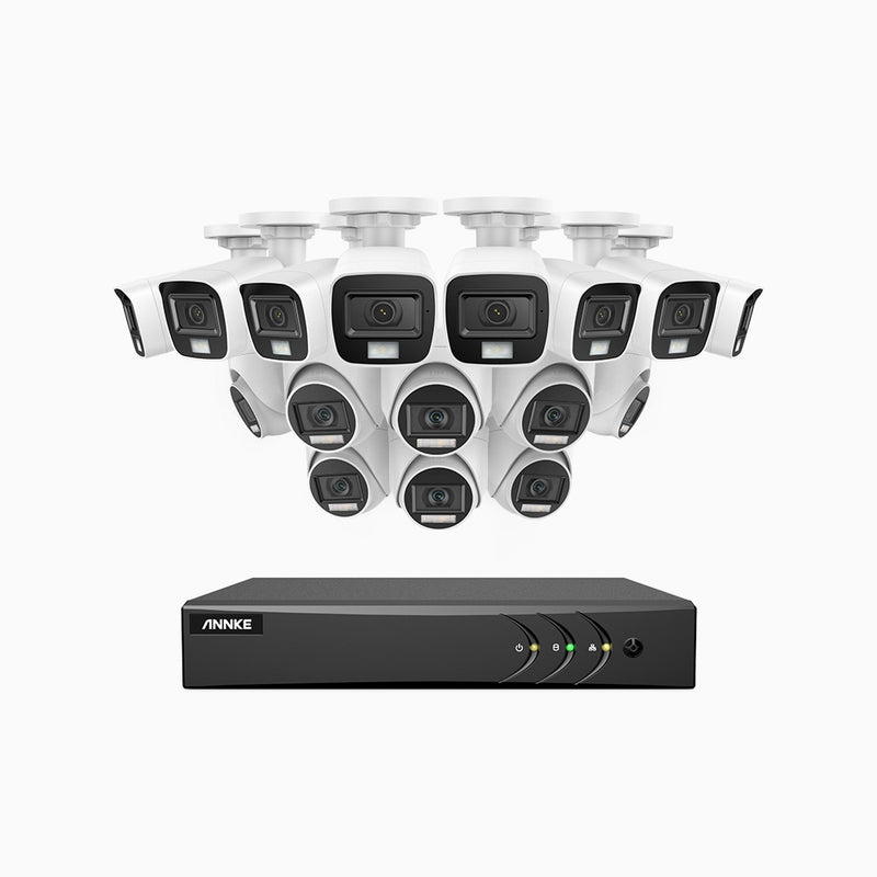 ADLK500 - Kit de vigilancia 3K con 8 cámaras bullet y 8 cámaras domo y grabador de 16 canales, Doble Luz Visión Nocturna, Apertura Superficial f/1.2, Señal de Salida 4 en 1, Micrófono Incorporado, IP67 Resistente al Clima