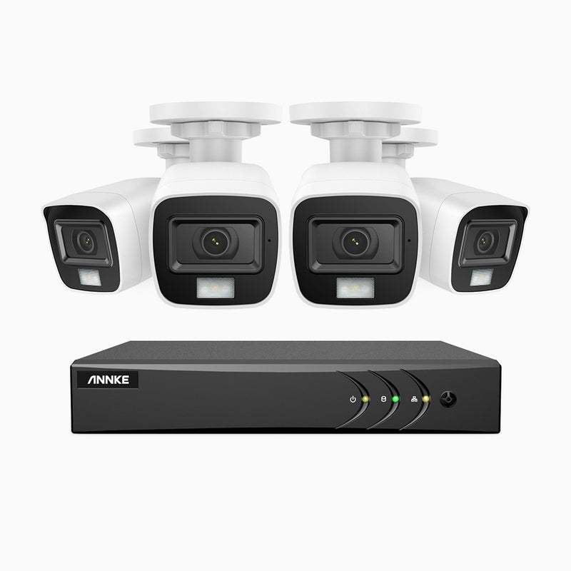 ADLK500 - Kit de 4 cámaras de vigilancia 3K con grabador de 8 canales, Doble Luz Visión Nocturna, Apertura Superficial f/1.2, Señal de Salida 4 en 1, Micrófono Incorporado, IP67 Resistente al Clima