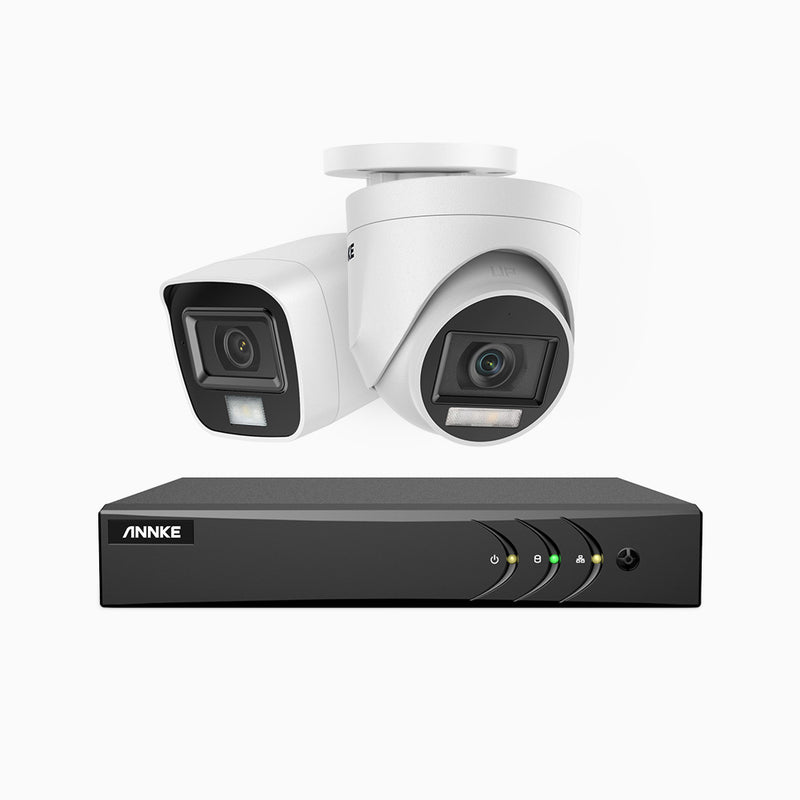 ADLK500 - Kit de vigilancia 3K con 1 cámaras bullet y 1 cámaras domo y grabador de 8 canales, Doble Luz Visión Nocturna, Apertura Superficial f/1.2, Señal de Salida 4 en 1, Micrófono Incorporado, IP67 Resistente al Clima