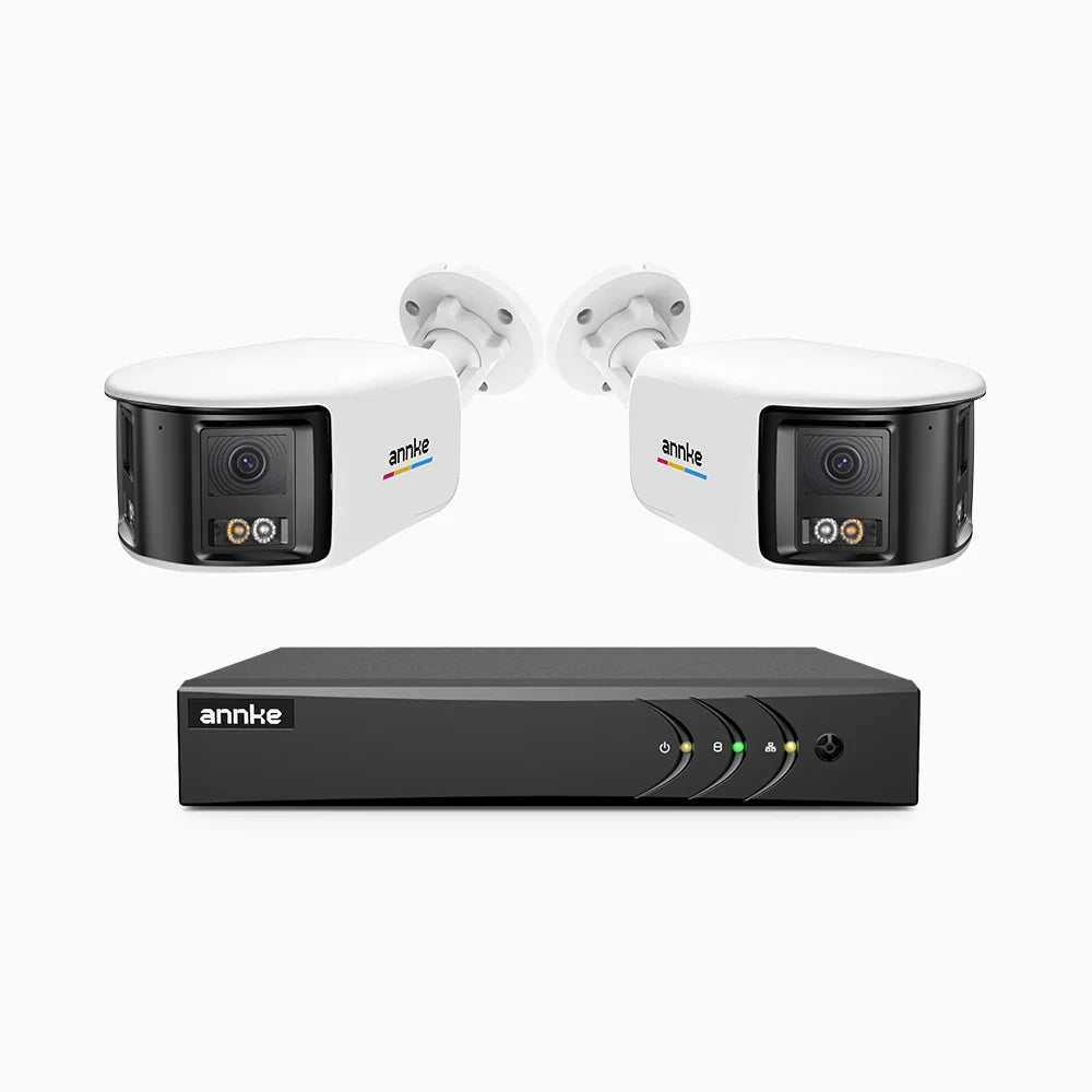 ACDK500 - Kit de 2 cámaras de vigilancia 3K con grabador de 8 canales, doble lente, panorámica 180°, visión nocturna Dual Light, Micrófono Incorporado, protección IP67