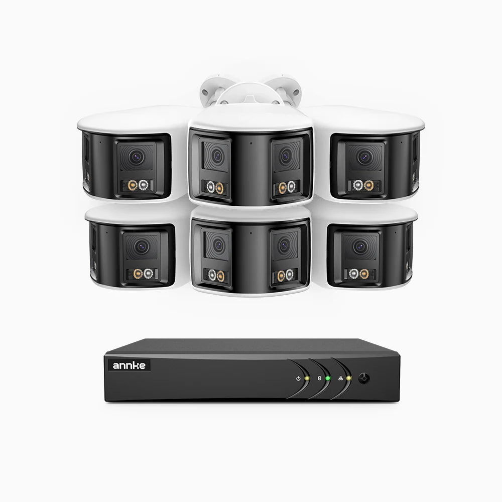 ACDK500 - Kit de 6 cámaras de vigilancia 3K con grabador de 8 canales, doble lente, panorámica 180°, visión nocturna Dual Light, Micrófono Incorporado, protección IP67