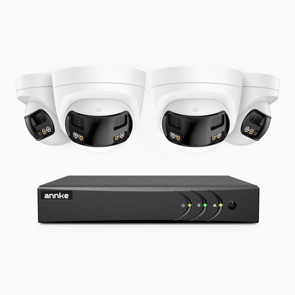 ACDK500 - Kit de 4 cámaras de vigilancia 3K con grabador de 8 canales, doble lente, panorámica 180°, visión nocturna Dual Light, Micrófono Incorporado, protección IP67