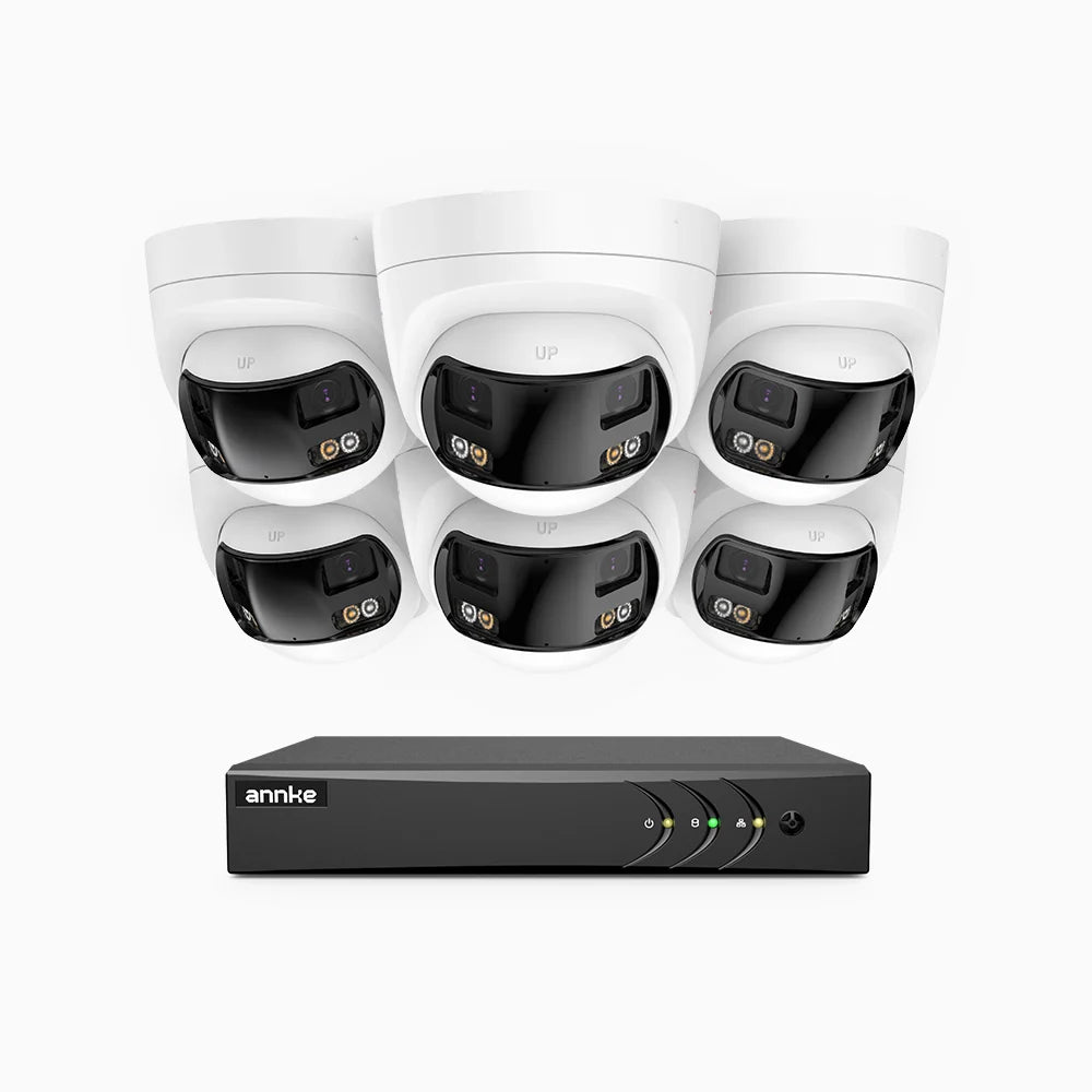 ACDK500 - Kit de 6 cámaras de vigilancia 3K con grabador de 8 canales, doble lente, panorámica 180°, visión nocturna Dual Light, Micrófono Incorporado, protección IP67