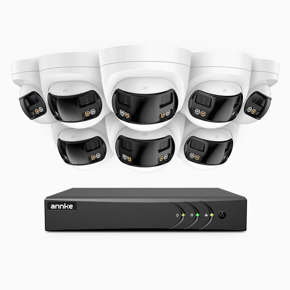 ACDK500 - Kit de 8 cámaras de vigilancia 3K con grabador de 8 canales, doble lente, panorámica 180°, visión nocturna Dual Light, Micrófono Incorporado, protección IP67