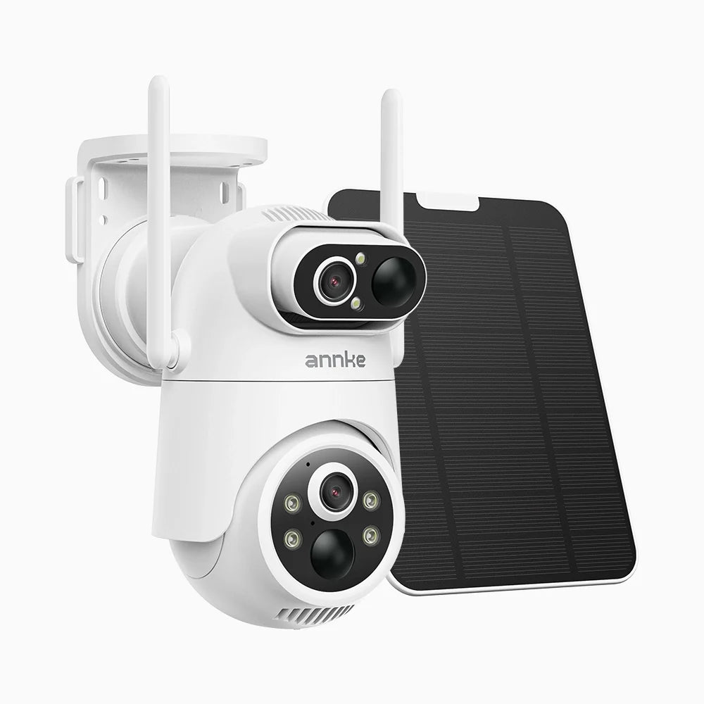 WB400P - Cámara de Seguridad Inalámbrica de Doble Lente para Exteriores 4MP, 100% sin Cables, Batería de 9000mAh y Alimentación Solar, Giro de 350° e Inclinación de 90°, Detección Humana PIR, Audio Bidireccional