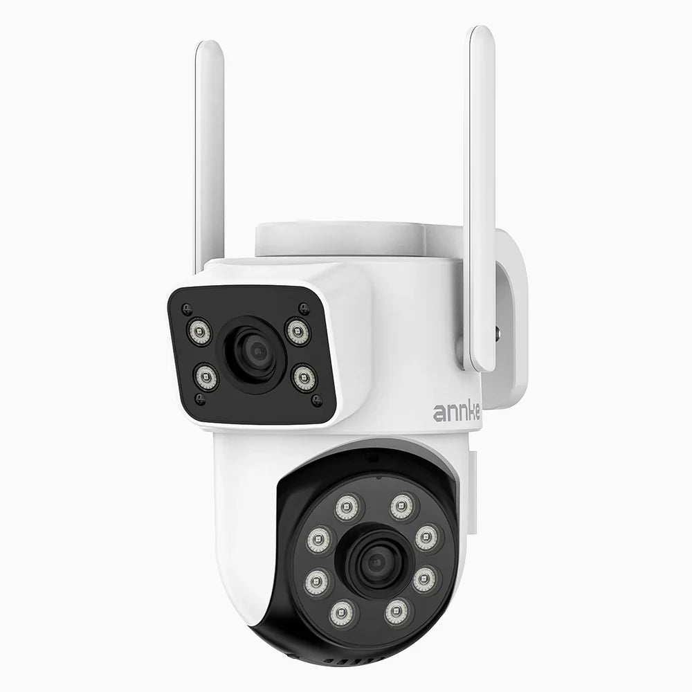 WCD220 - Cámara de seguridad WiFi para exterior 4MP con doble lente, giro 355° e inclinación 90°, WiFi 2.4 GHz, detección de personas, visión nocturna Dual Light, sirena de alarma, audio bidireccional, compatible con Alexa