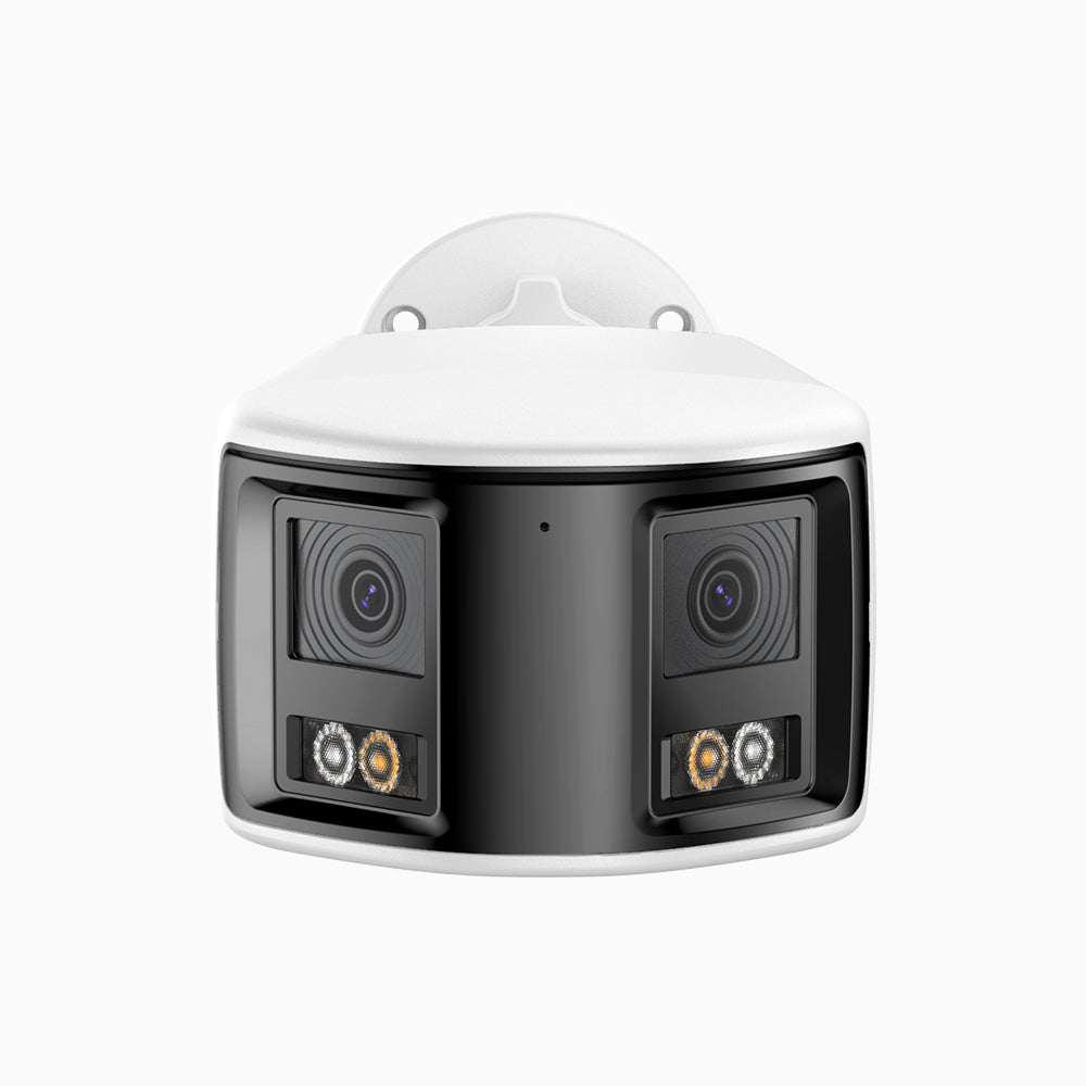 FCD600 - Cámara de Seguridad Exterior PoE UHD 6MP con Doble Lente, Vista Panorámica de 180°, Visión Nocturna con Doble Luz Inteligente, Audio Bidireccional, Sirena y Alarma Activa, Detección de Personas y Vehículos, IP67