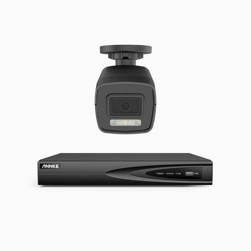 AH500 - Kit de 1 cámaras de vigilancia PoE de 3K con videograbador NVR de 4 canales, Resolución 3072*1728, Apertura f / 1.6 (0.005 Lux), Detección de humanos y vehículos, Micrófono incorporado, IP67