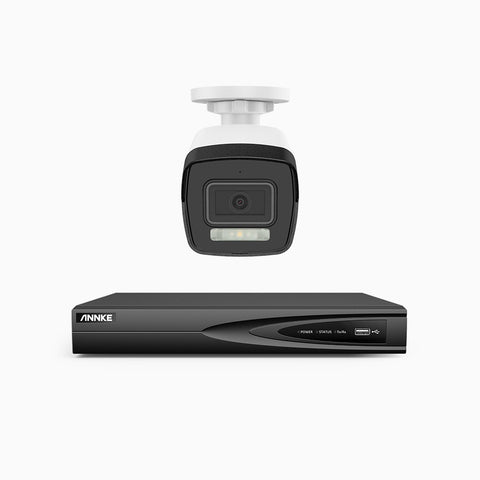 AH500 - Kit de 1 cámaras de vigilancia PoE de 3K con videograbador NVR de 4 canales, Resolución 3072*1728, Apertura f / 1.6 (0.005 Lux), Detección de humanos y vehículos, Micrófono incorporado, IP67
