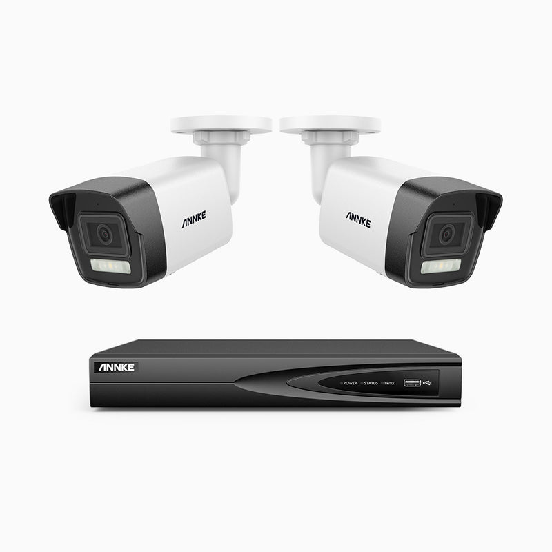 AH500 - Kit de 2 cámaras de vigilancia PoE de 3K con videograbador NVR de 4 canales, Resolución 3072*1728, Apertura f / 1.6 (0.005 Lux), Detección de humanos y vehículos, Micrófono incorporado, IP67