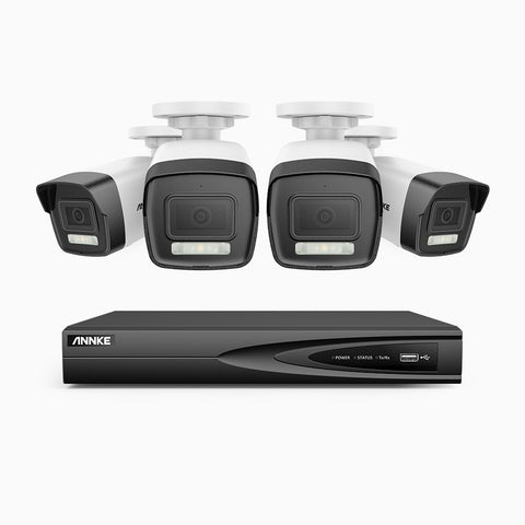 AH500 - Kit de 4 cámaras de vigilancia PoE de 3K con videograbador NVR de 4 canales, Resolución 3072*1728, Apertura f / 1.6 (0.005 Lux), Detección de humanos y vehículos, Micrófono incorporado, IP67