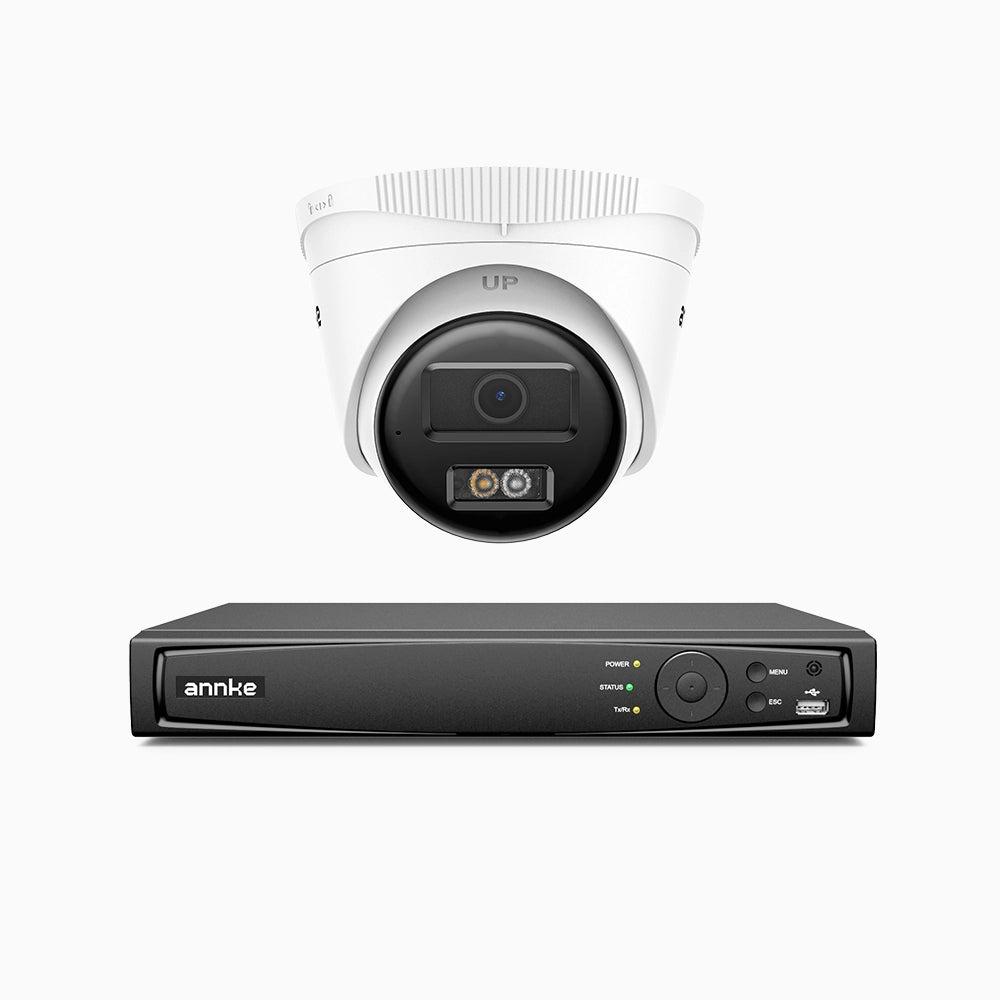 H500 - Kit de 1 cámaras de vigilancia PoE de 3K con videograbador NVR de 4 canales, Visión nocturna inteligente de doble luz, 3072 × 1728 a 20 fps, detección inteligente de personas y vehículos, micrófono integrado, IP67
