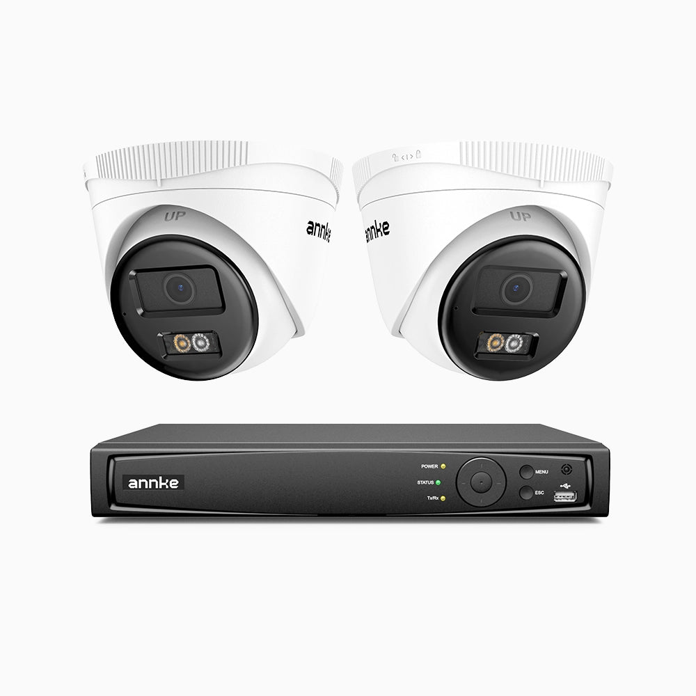 H500 - Kit de 2 cámaras de vigilancia PoE de 3K con videograbador NVR de 4 canales, Visión nocturna inteligente de doble luz, 3072 × 1728 a 20 fps, detección inteligente de personas y vehículos, micrófono integrado, IP67