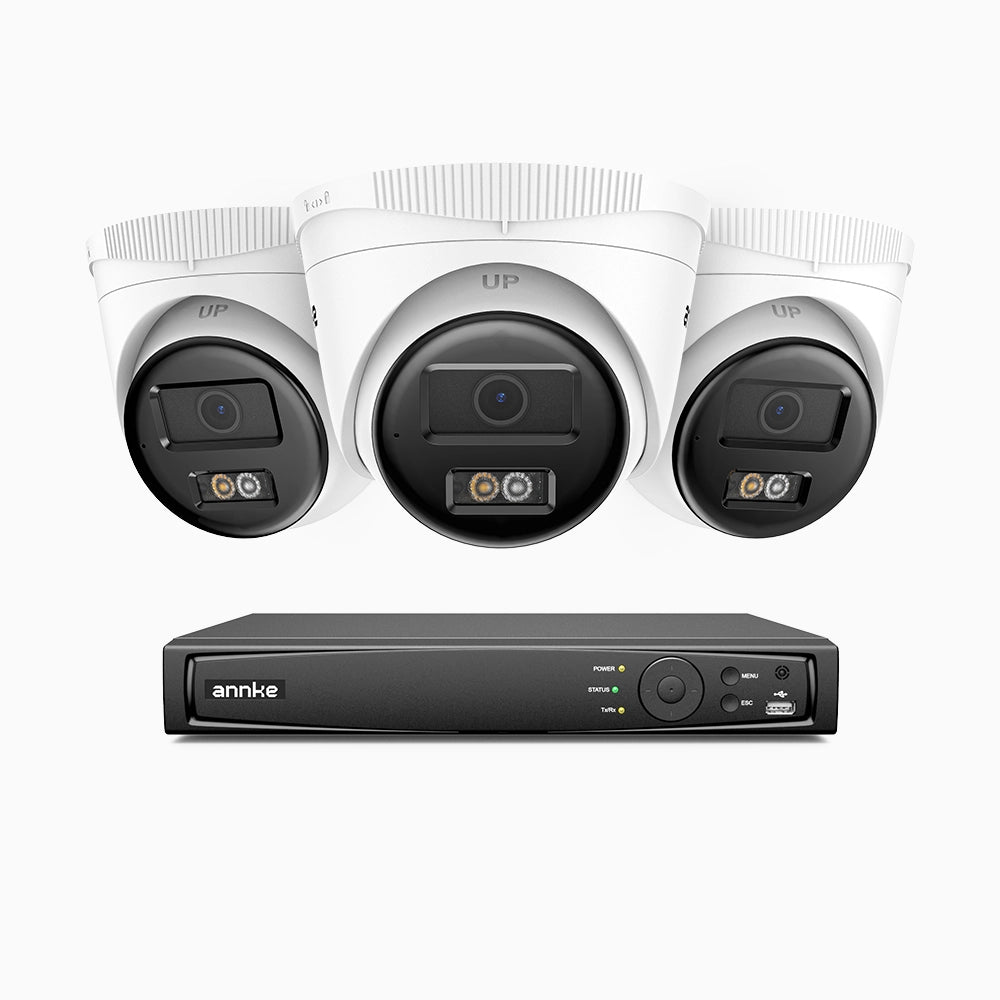 H500 - Kit de 3 cámaras de vigilancia PoE de 3K con videograbador NVR de 4 canales, Visión nocturna inteligente de doble luz, 3072 × 1728 a 20 fps, detección inteligente de personas y vehículos, micrófono integrado, IP67