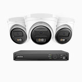 H500 - Kit de 3 cámaras de vigilancia PoE de 3K con videograbador NVR de 4 canales, Visión nocturna inteligente de doble luz, 3072 × 1728 a 20 fps, detección inteligente de personas y vehículos, micrófono integrado, IP67