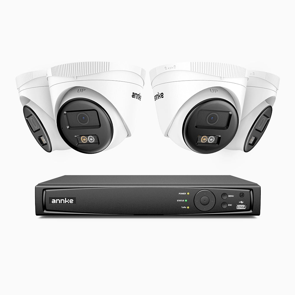 H500 - Kit de 4 cámaras de vigilancia PoE de 3K con videograbador NVR de 4 canales, Visión nocturna inteligente de doble luz, 3072 × 1728 a 20 fps, detección inteligente de personas y vehículos, micrófono integrado, IP67