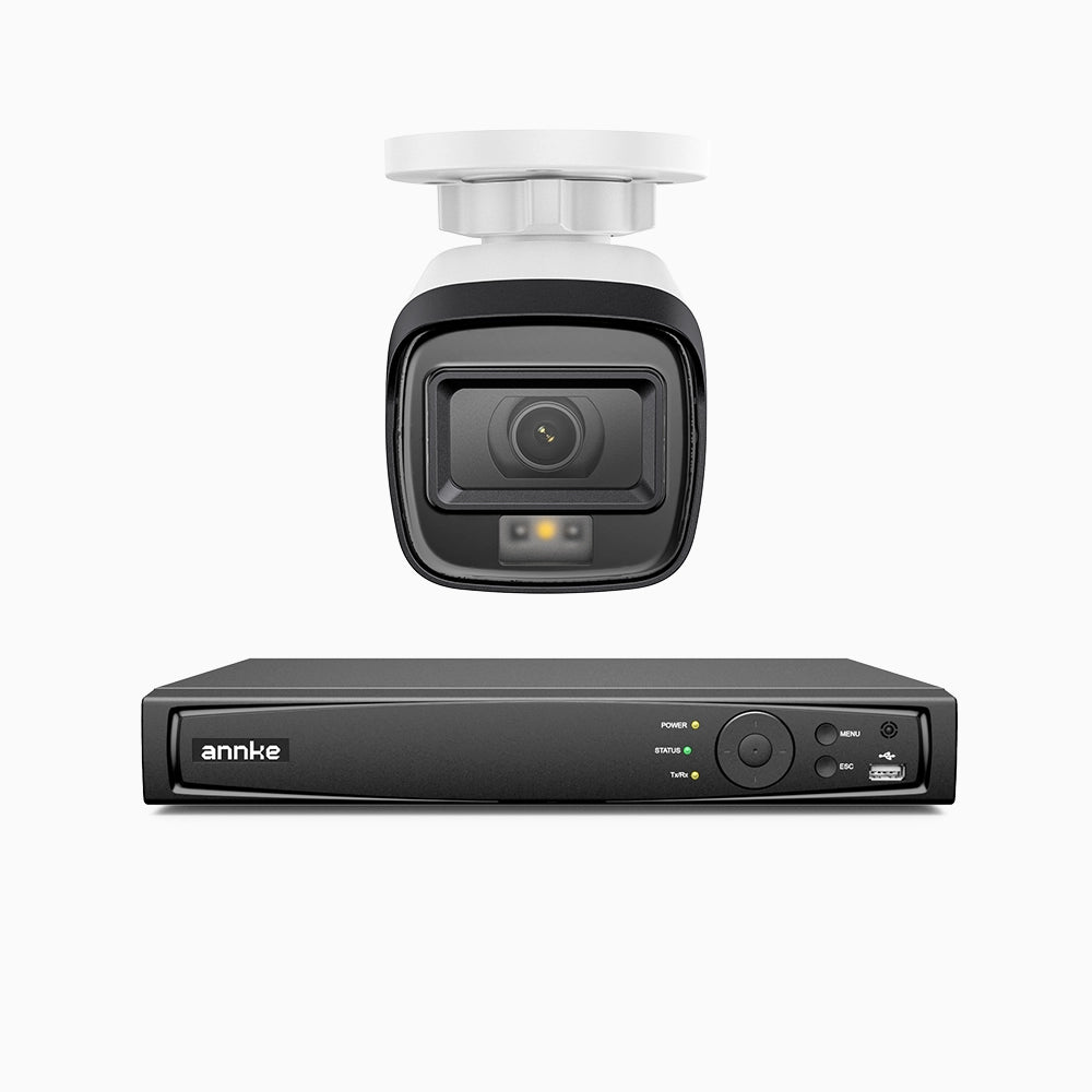 H500 - Kit de 1 cámaras de vigilancia PoE de 3K con videograbador NVR de 4 canales, Visión nocturna inteligente de doble luz, 3072 × 1728 a 20 fps, detección inteligente de personas y vehículos, micrófono integrado, IP67
