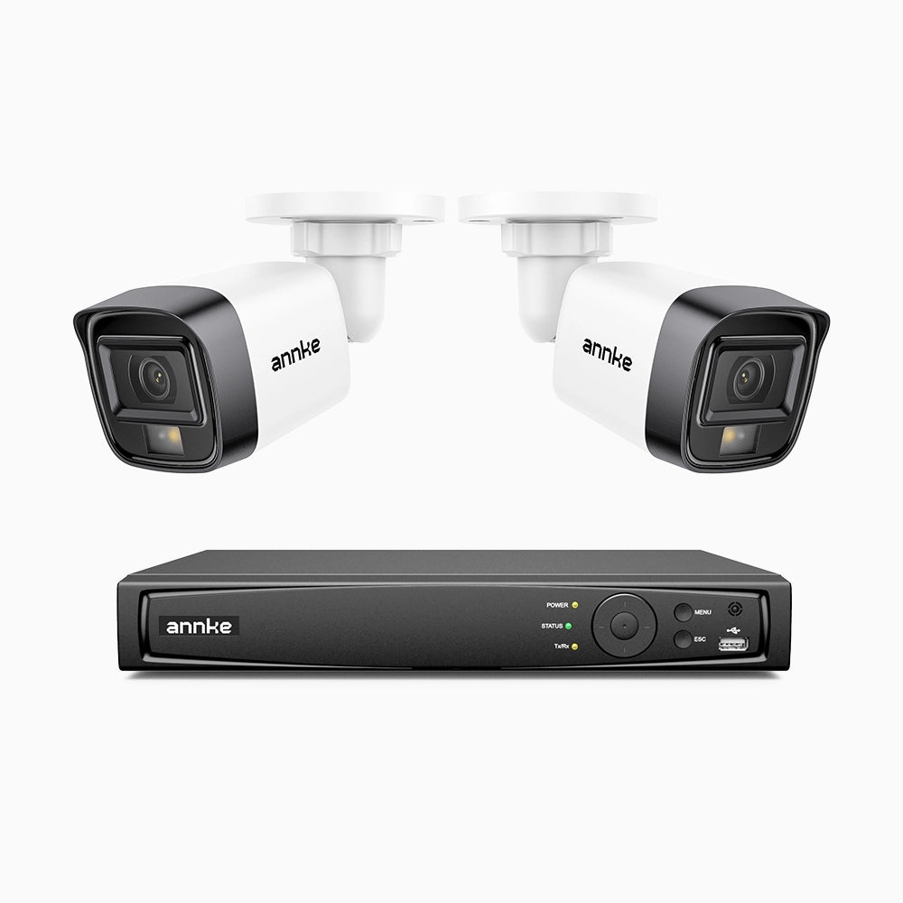 H500 - Kit de 2 cámaras de vigilancia PoE de 3K con videograbador NVR de 4 canales, Visión nocturna inteligente de doble luz, 3072 × 1728 a 20 fps, detección inteligente de personas y vehículos, micrófono integrado, IP67