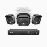H500 - Kit de 3 cámaras de vigilancia PoE de 3K con videograbador NVR de 4 canales, Visión nocturna inteligente de doble luz, 3072 × 1728 a 20 fps, detección inteligente de personas y vehículos, micrófono integrado, IP67