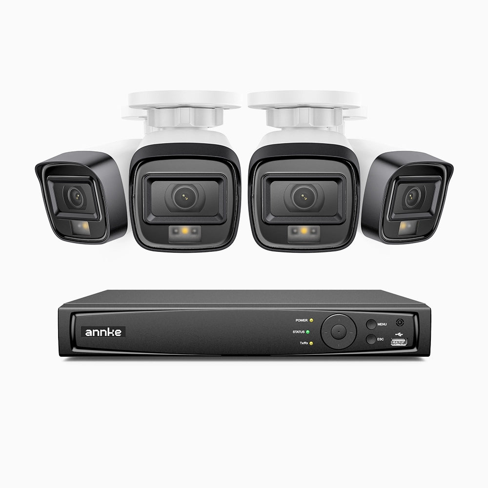 H500 - Kit de 4 cámaras de vigilancia PoE de 3K con videograbador NVR de 4 canales, Visión nocturna inteligente de doble luz, 3072 × 1728 a 20 fps, detección inteligente de personas y vehículos, micrófono integrado, IP67