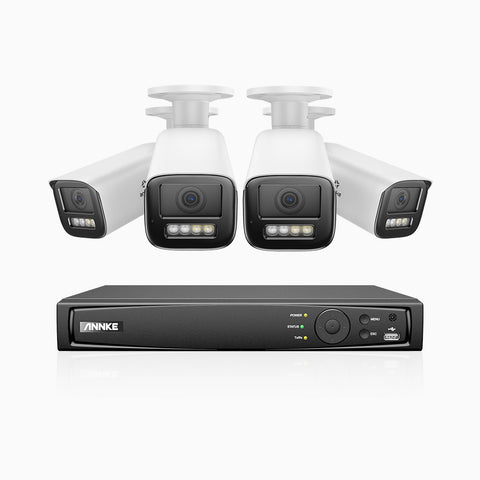 AZH800 - Kit de 4 cámaras de vigilancia PoE de 4K con videograbador NVR de 4 canales, zoom óptico 4X, doble luz visión nocturna, detección de movimiento 2.0, Micrófono incorporado, alarma de sirena y estroboscópica