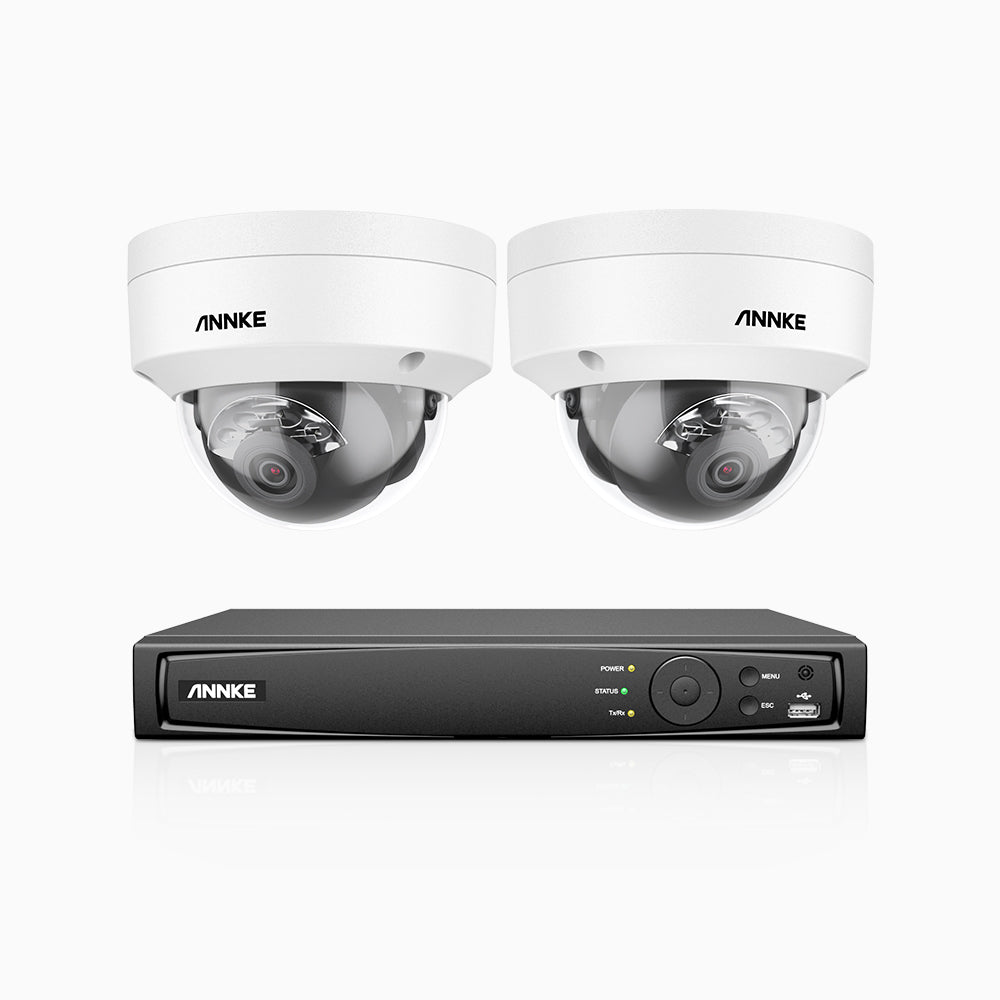 H800 - Kit de 2 cámaras de vigilancia PoE de 4K con videograbador NVR de 4 canales, Visión nocturna a color e infrarrojos, detección de humanos y vehículos, micrófono integrado, ángulo de visión 96º