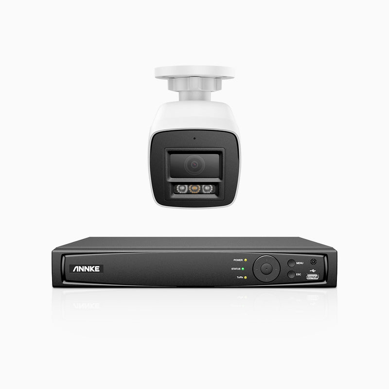 H800 - Kit de 1 cámara de vigilancia PoE de 4K con videograbador NVR de 4 canales, Visión nocturna a color e infrarrojos, detección de humanos y vehículos, micrófono integrado, ángulo de visión 96º