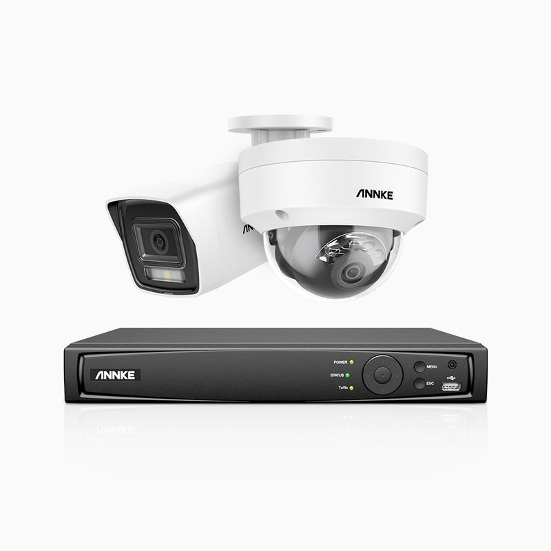 H800 - Kit de vigilancia PoE 4K con 1 cámara bullet y 1 cámara domo (antivándalica IK10) y videograbador NVR de 4 canales, Visión nocturna a color e infrarrojos, detección de humanos y vehículos, micrófono integrado, ángulo de visión 96º