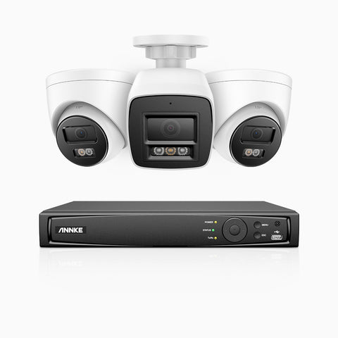 H800 - Kit de vigilancia PoE 4K con 1 cámara bullet y 2 cámara domo y videograbador NVR de 4 canales, Visión nocturna a color e infrarrojos, detección de humanos y vehículos, micrófono integrado, ángulo de visión 96º
