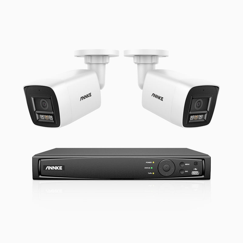 H800 - Kit de 2 cámaras de vigilancia PoE de 4K con videograbador NVR de 4 canales, Visión nocturna a color e infrarrojos, detección de humanos y vehículos, micrófono integrado, ángulo de visión 96º